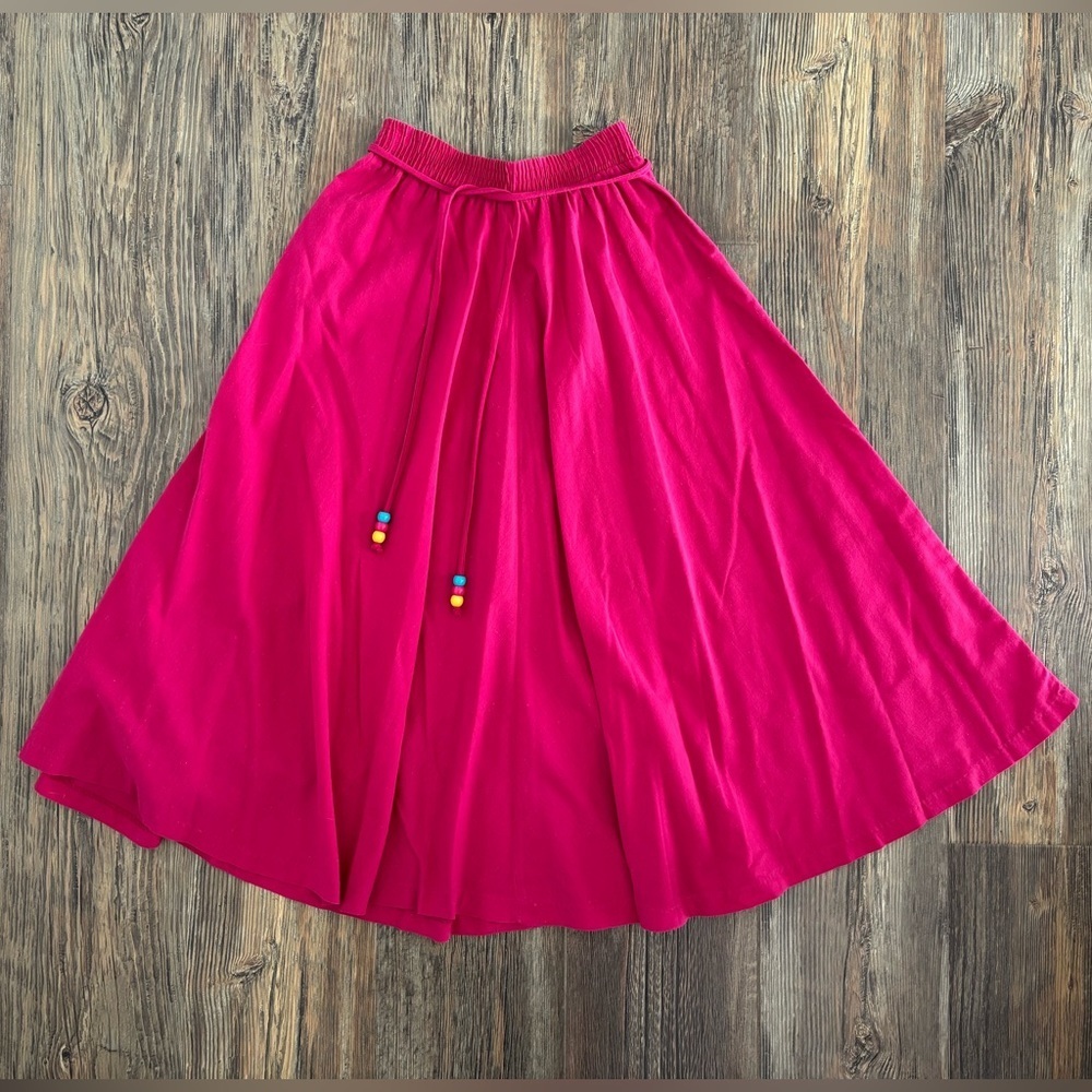 *Read Vtg A-Line Midi Skirt XS/S Fuchsia Elastic Waist Belt Colorful Beads BOHO